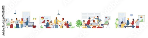 Set of business team congratulates colleague flat vector illustrations. Diverse people in office interior celebrating successful project, career promotion, new contract. 