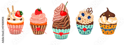 Set of muffins with juicy ripe berries and cream, isolated on white.Sweet desserts decorated with,chocolate,candies.Five food icons in cartoon style.Cute capcake in packages.Vector 3D bakery symbols.