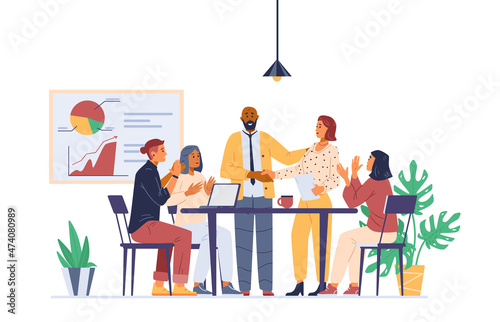 Business team welcoming new colleague.