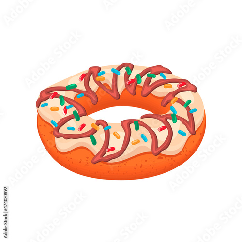 Donut with cream and chocolate fondant isolated on white . Delicious dessert decorated with multicolored powder.3D food icon.Yummy doughnut drawn in cartoon style.Realistic vector illustration.