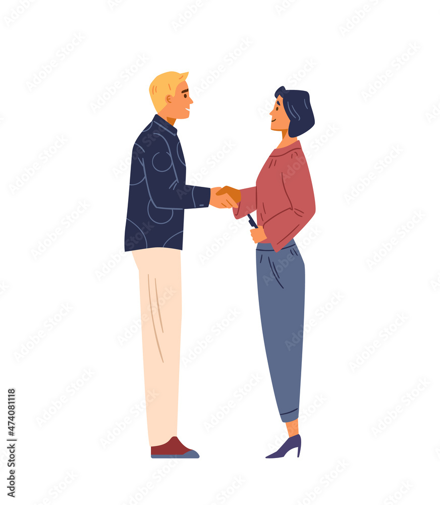 Colleagues man and woman standing shaking hands flat vector illustration. Isolated. Colleagues man and woman standing shaking hands flat vector illustration. Isolated.
