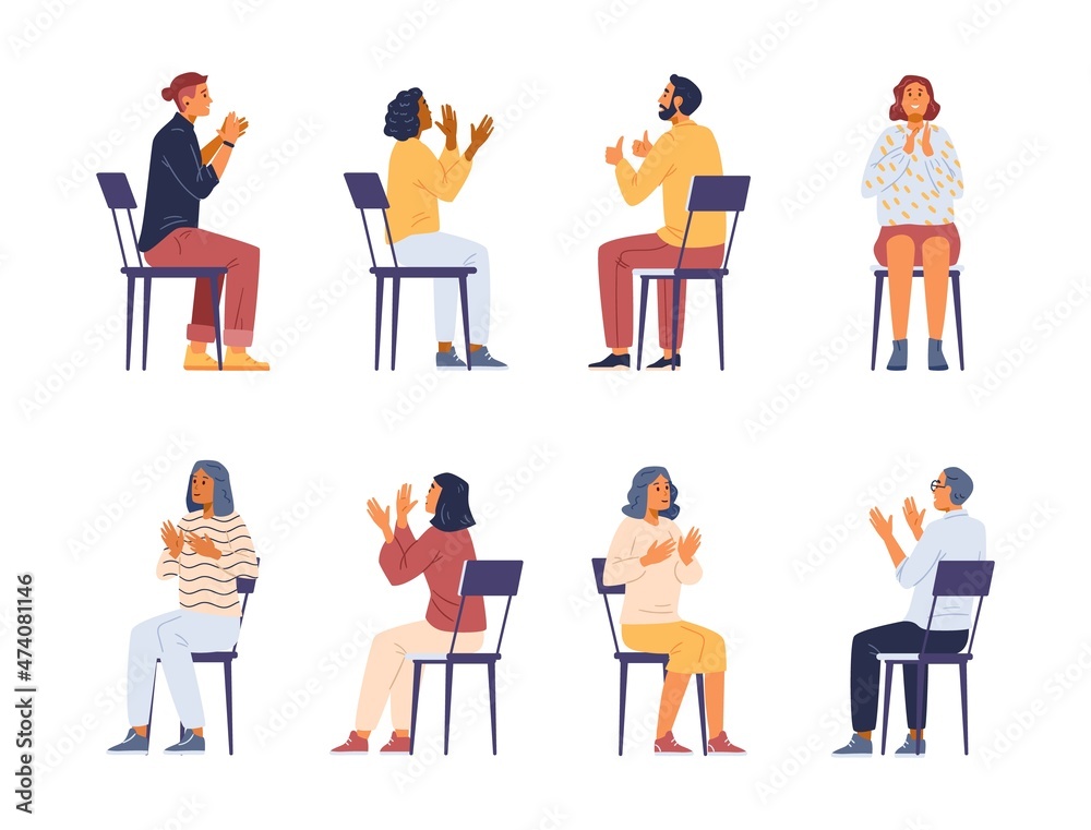 Different people applauding sitting on chairs vector illustrations set. Different people applauding sitting on chairs vector illustrations set.