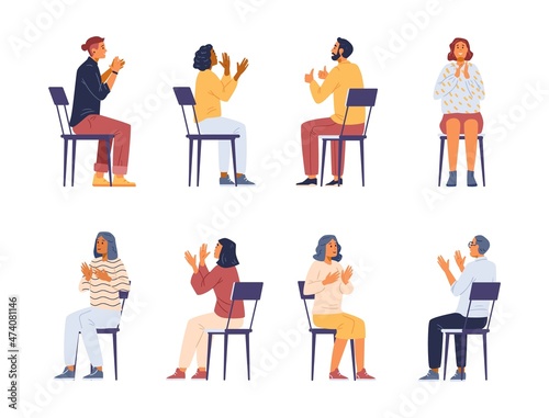 Different people applauding sitting on chairs vector illustrations set.