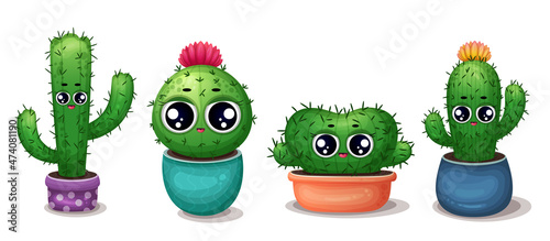 Set of cactus in flowerpot. Cartoon cactus with flowers. Cute succulent character. Collection of exotic desert plants isolated on a white. Cartoon succulents with funny faces. Kawaii cactus set.