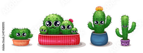 Set of cactus in flowerpot. Cartoon cactus with flowers. Cute succulent character. Collection of exotic plants isolated on a white background. Cartoon succulents with funny faces. Kawaii cactus set. D