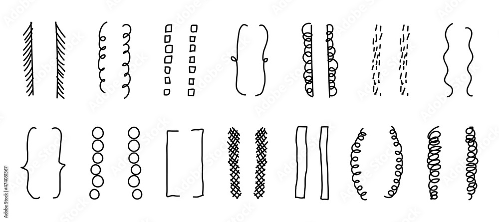 Hand-drawn doodle brackets. Set of scribble brackets in black on white. Shaded, round, square, wavy frames for text. Vector illustration of isolated silhouettes of parenthesis.