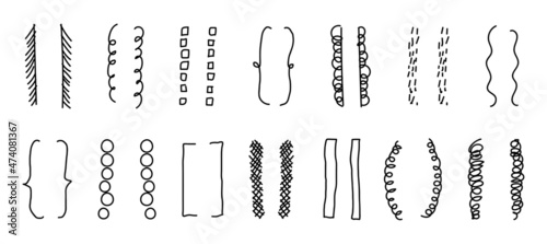Hand-drawn doodle brackets. Set of scribble brackets in black on white. Shaded, round, square, wavy frames for text. Vector illustration of isolated silhouettes of parenthesis.