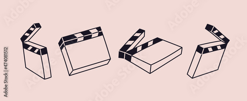 Clapperboard drawn from different angles. Isolated clapperboard set. Vector illustration of doodle cinematography items.