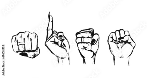A woman's fist and an indecent gesture. Female fist punch, fuck. Set of female hands with a ring and manicure. Hand-drawn grunge vector illustration of human hands isolated on white background.
