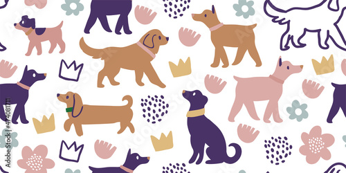 Vector seamless pattern with cute dogs with flowers, crowns, polka dots. Animal pattern, perfect for kids textile, nursery decor, fabric