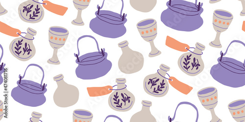 Seamless vector pattern with hand drawn witch items. Cute Halloween theme texture. Magic autumn background for wrapping paper, print, card, gift, fabric, textile, wallpaper, packaging.