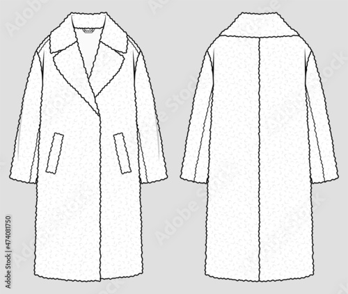 Shearling fur coat. Fashion sketch. Flat technical drawing. Vector illustration.