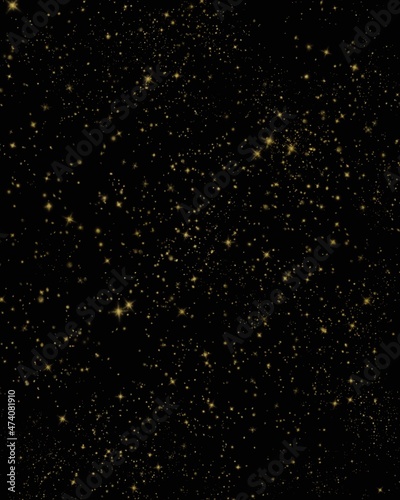 Golden splatter, stars on black background. Gold spatter, glitter, spots, dots, splashing in different sizes. Backdrop for overlay or montage.