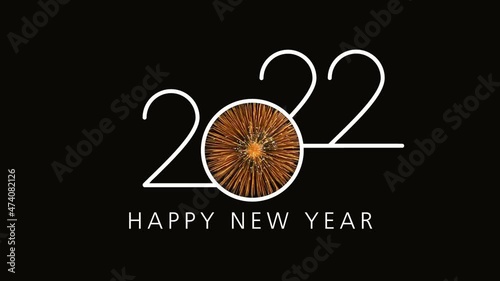 2022 Happy New Year greeting text with colored slow motion fireworks on black background, beautiful typography magic design.