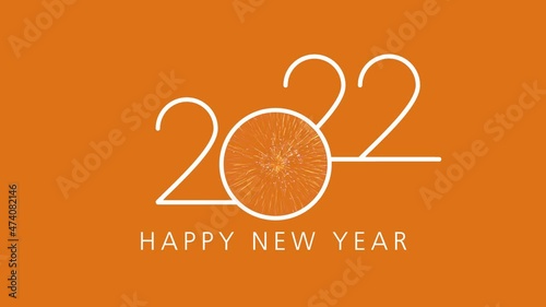 2022 Happy New Year greeting text with colored slow motion fireworks on an orange background, beautiful typography magic design.