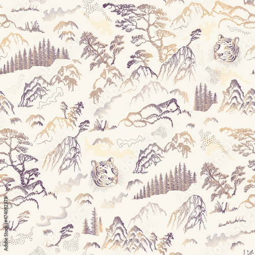 3D Fototapete Gold - Fototapete Vector seamless pattern of hand drawn sketches in Japanese and Chinese nature ink illustration sumi-e tradition. Textured fir pine tree, tiger head, mountain, river, herbs, rock on a beige background