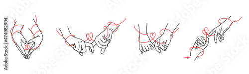 A set of touching hands and intertwined fingers drawn in black contour lines on a white background. Vector illustration.