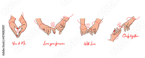 A colored set of touching hands and intertwined fingers drawn in black contour lines with inscription on a white background. Vector illustration.