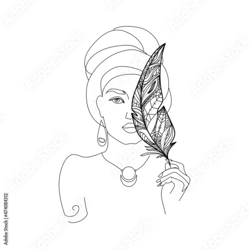 Abstract female face drawn in contour style, art line. Beautiful young woman with a turban on her head holding a feather in her hand isolated on white background. Tribal vector illustration