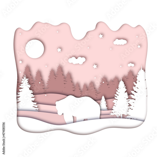 Bears in forest in the winter season with trees and snow as Paper art and digital craft style concept. vector illustration