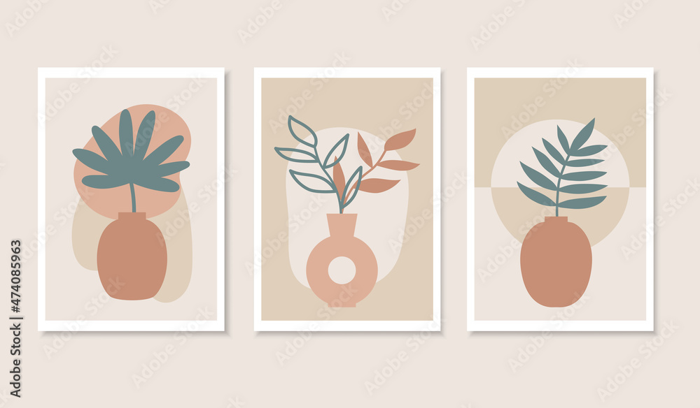 Wall art set with abstract leaves in clay vases and shapes. Contemporary poster collection. Boho style flowers. Modern floral vector illustration.