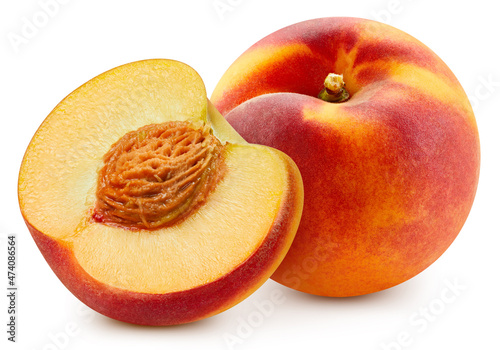 Peach isolated on the white background. Peach and half. Fresh fruits isolated on white background
