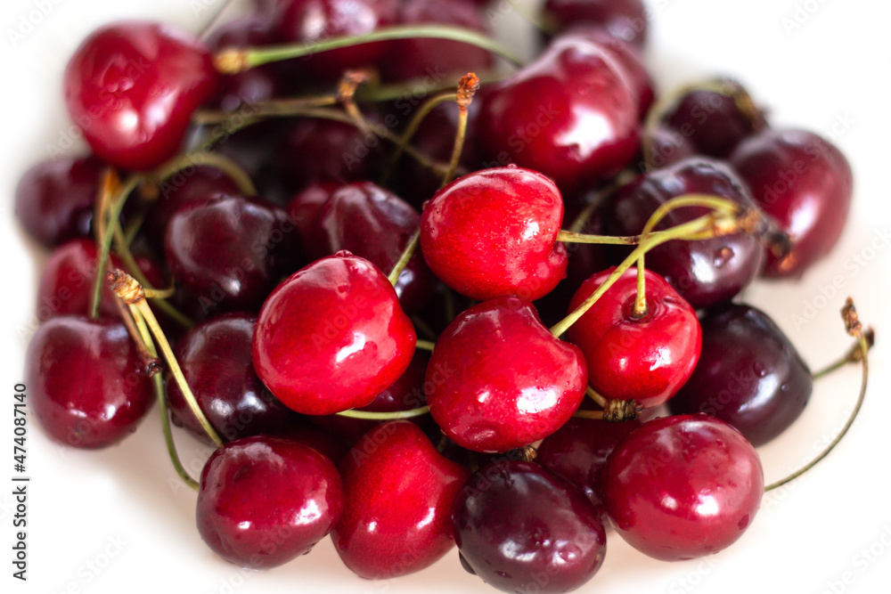 Fresh, ripe cherries. Close-up. Vegan breakfast. Healthy eating. Fresh, ripe cherries. Close-up. Vegan breakfast. Healthy eating.