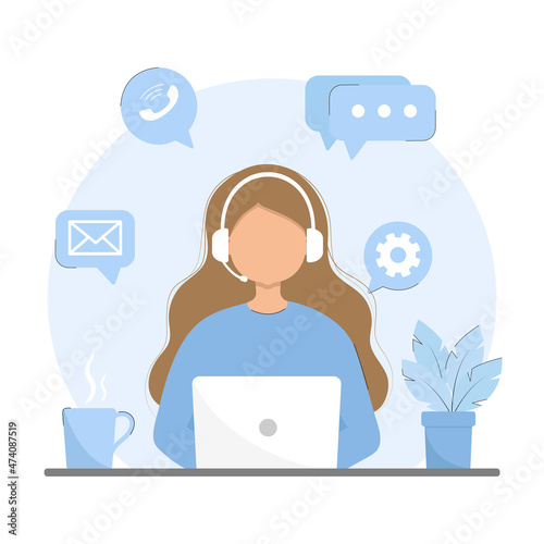 Woman with laptop with headphones and microphone. Flat style, cartoon character. Customer service, online technical support vector illustration.