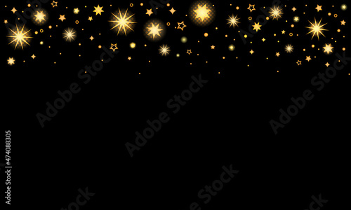 black background with shining gold stars and confetti.