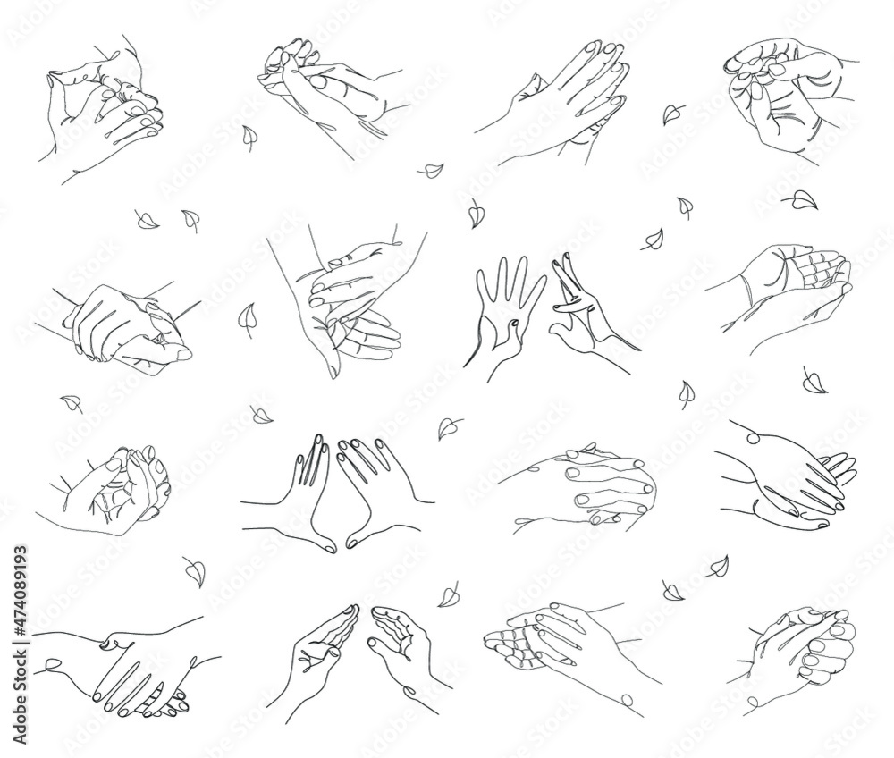 Silhouette Collection of human hands. Applause concepts in a modern one line style with plant leaves. Solid line sketches for decor, posters, stickers, logo. Vector illustration set. Silhouette Collection of human hands. Applause concepts in a modern one line style with plant leaves. Solid line sketches for decor, posters, stickers, logo. Vector illustration set.