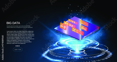 Futuristic microchip processor with lights on the blue background. Quantum computer, large data processing A futuristic projection of the microchip of the future. 3D closeup of cpu for web design.