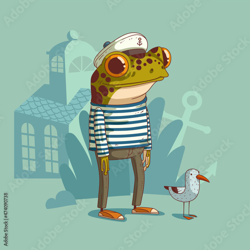 Cartoon vector illustration of humanized sailor frog. A frog wearing marine uniform standing still in a company of small seagull. Anthropomorphic frog. Animal character with human body