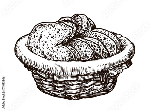 Sliced pieces of bread in basket. Food, bakery vector illustration sketch