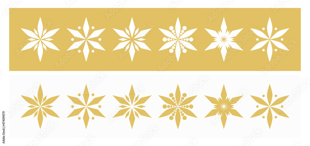 Snowflake shapes gold icons set. Snowflake shapes gold icons set.