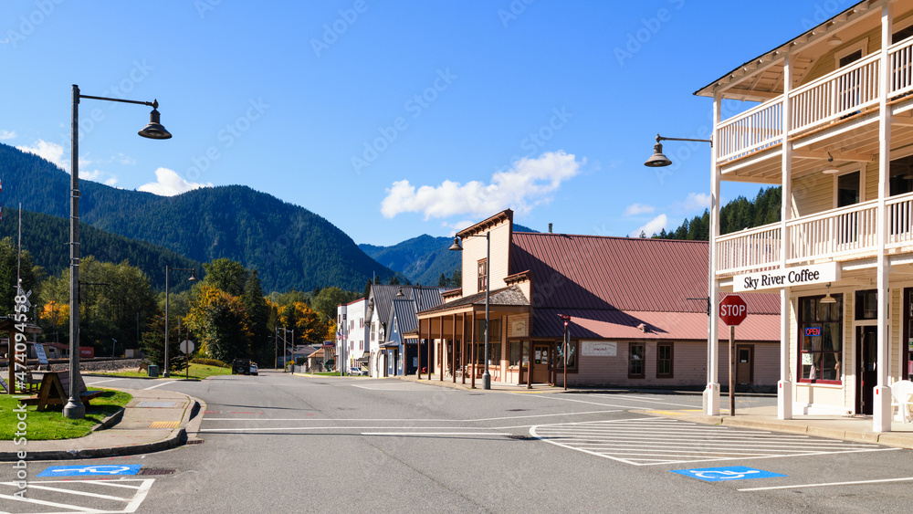 Skykomish, WA, USA October 01, 2021; Buildings line Railroad Avenue