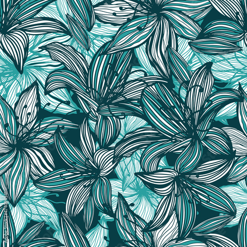 Blue lilies are graphic seamless background. Vector illustration