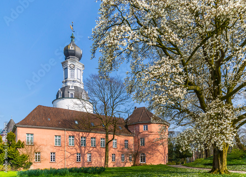 Jever Castle Museum and magnolia blossom in spring, Germany photo