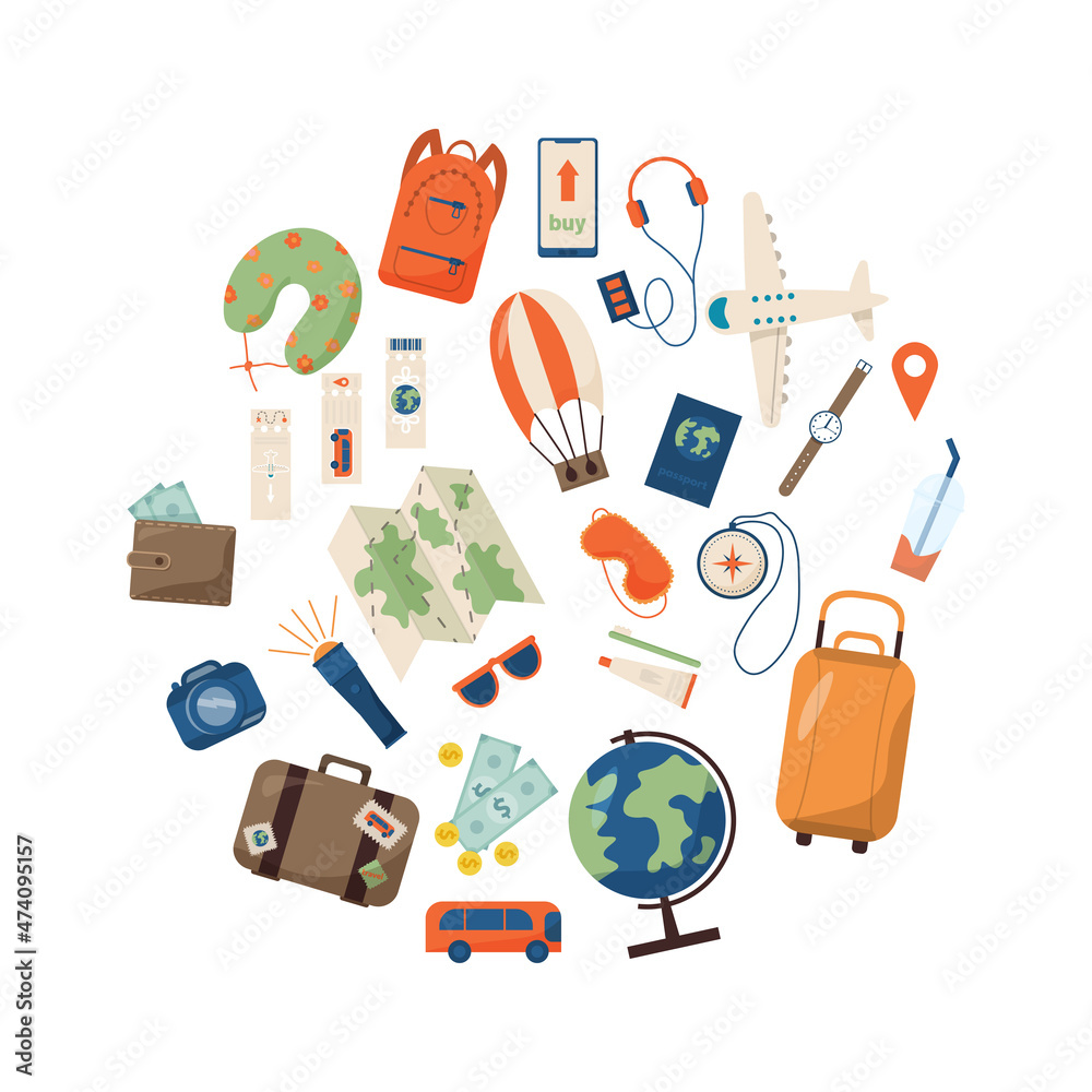 Big set of tourist items for vacation. Suitcase and items for vacation. Vector illustration Big set of tourist items for vacation. Suitcase and items for vacation. Vector illustration