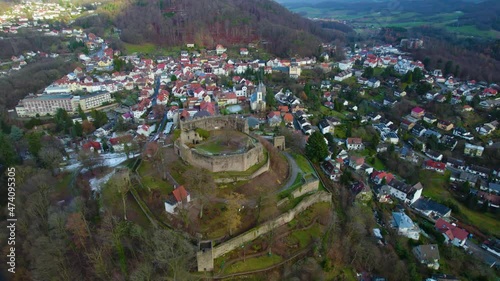 Aerial view around the city Lindenfels in Germany. On a cloudy day in Autumn.  photo