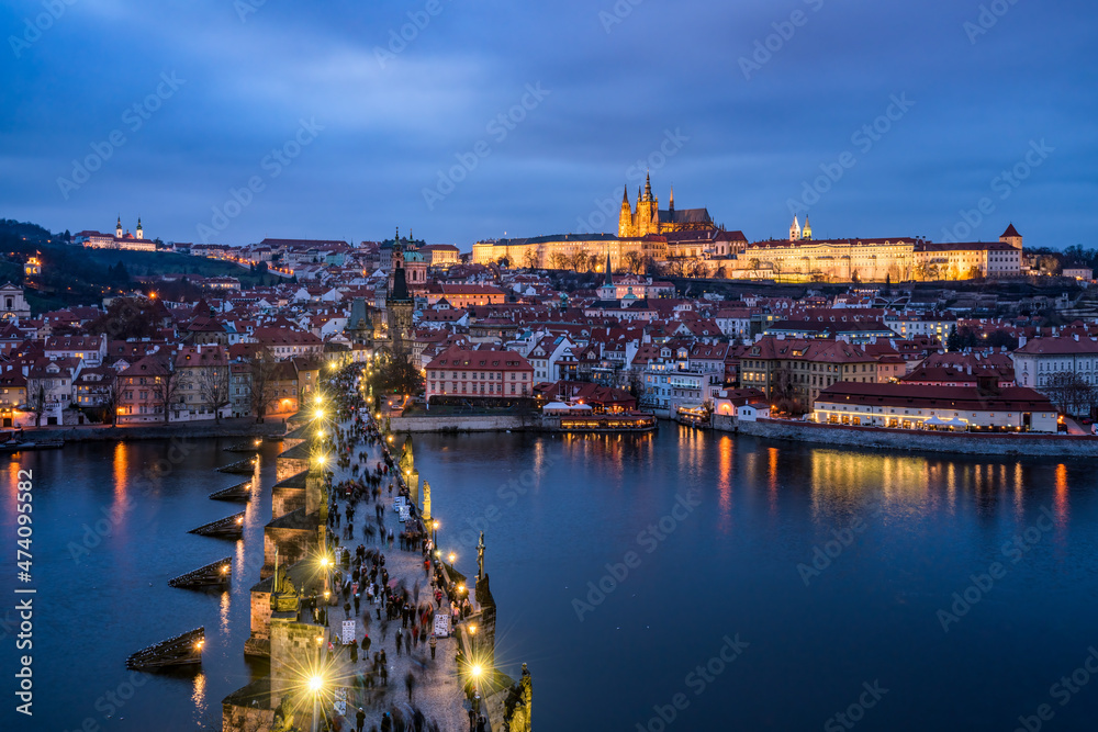 Prague skyline at night with view of Charles Bridge and Prague Castle Prague skyline at night with view of Charles Bridge and Prague Castle