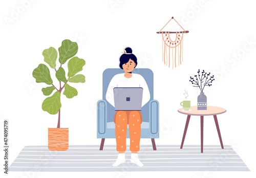 Work at home. Female character in a chair with a laptop. Home Office. Female freelancer works online. Girl is studying remotely. Home education. Flat vector illustration on white background.