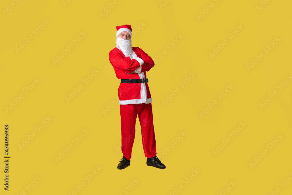 Santa claus yellow funny style, there is a tradition of holiday winter senior, elderly happy. Hat red Caucasian, time arms crossed rests Santa claus yellow funny style, there is a tradition of holiday winter senior, elderly happy. Hat red Caucasian, time arms crossed rests