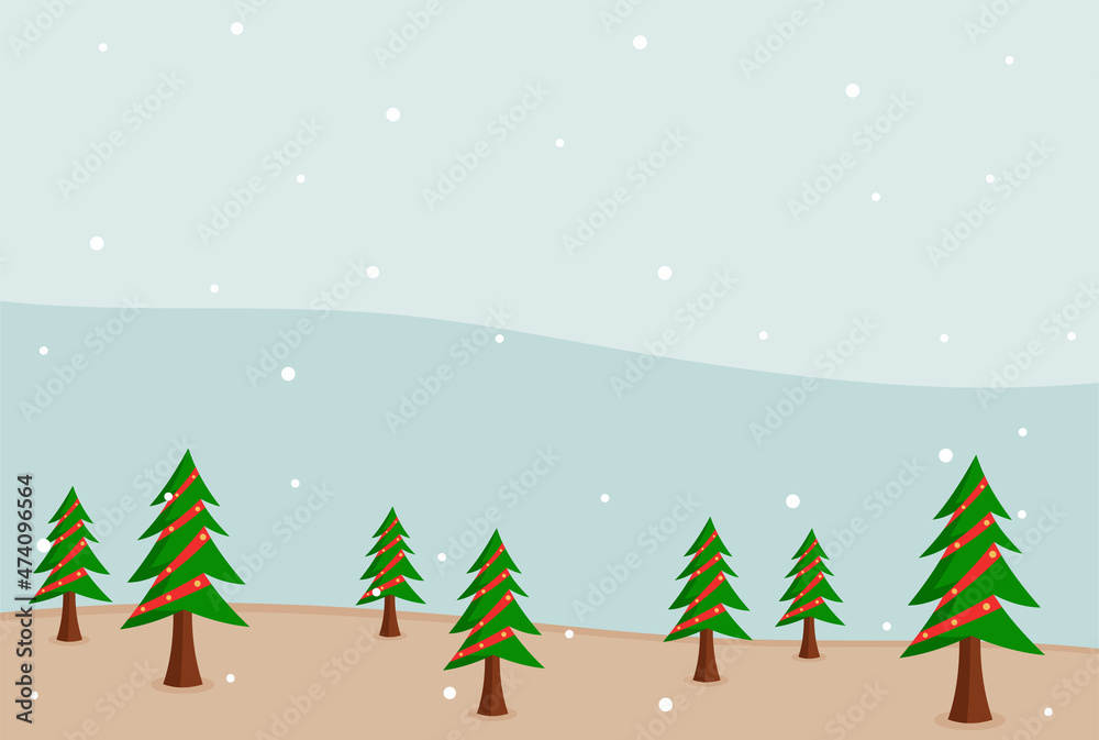 Minimalist background with Christmas theme color with some trees and snow fall and some copy space area