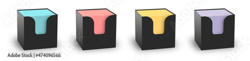Blank colorful sticker note block plastic holder mockup set, clipping path, 3d rendering. Plain office memo mock up. Post it notes template. Loose adhesive papers for logo design.