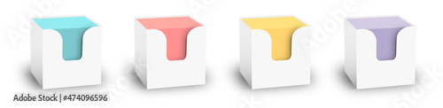 Blank colorful sticker note block plastic holder mockup set, clipping path, 3d rendering. Plain office memo mock up. Post it notes template. Loose adhesive papers for logo design.