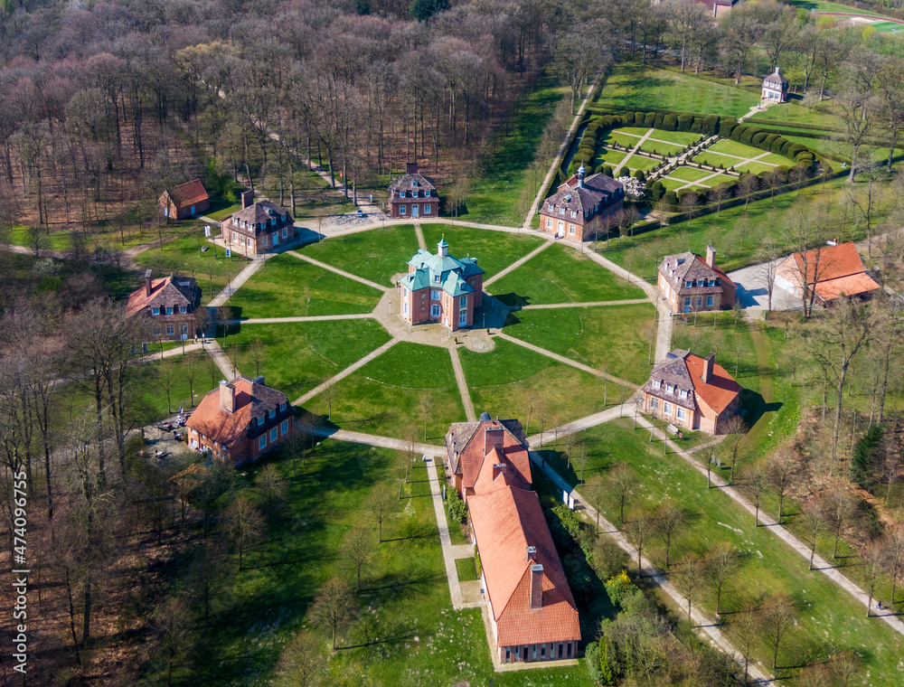 Aerial view of Clemenswerth Palace the hunting complex in Emsland district in Germany