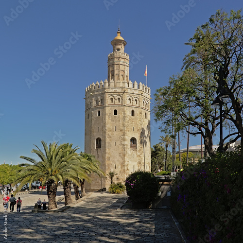 Torre del Oro, historical dodecagonecal military watchtower in Seville, Spain, along Guadalquivir river