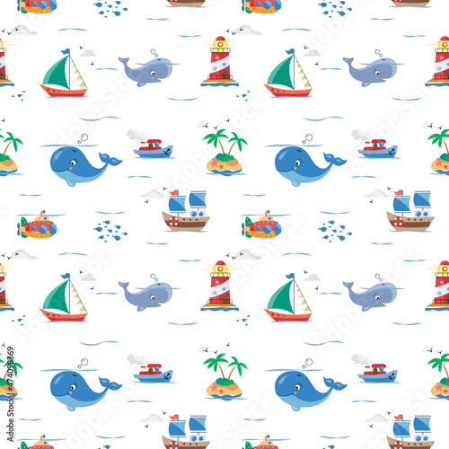 Isolated seamless pattern.Kids textile pattern.Texture for fabric, wrapping, textile, wallpaper, apparel.Repeated texture with sea cartoon characters. Islands, ships, whales, lighthouse.