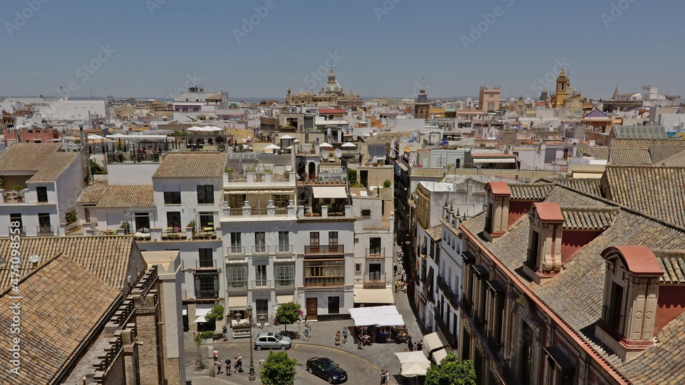 Aerial view on the houses and churches of downtown seville from Giralda Tower