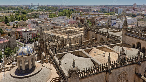 Rooftop of Seville cathedral, with the city in the background. Aerial view